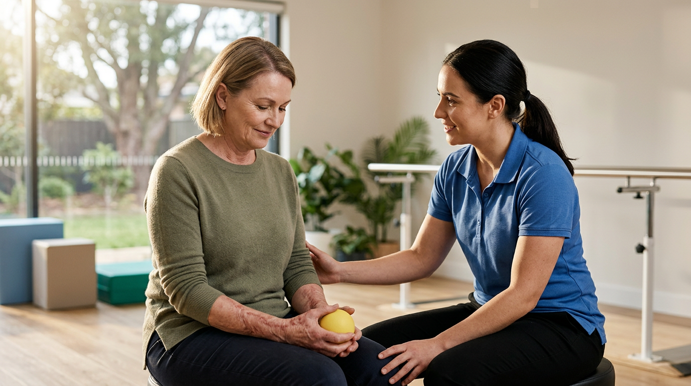 Burn-injury survivor in a rehabilitation setting, treated with care and dignity.