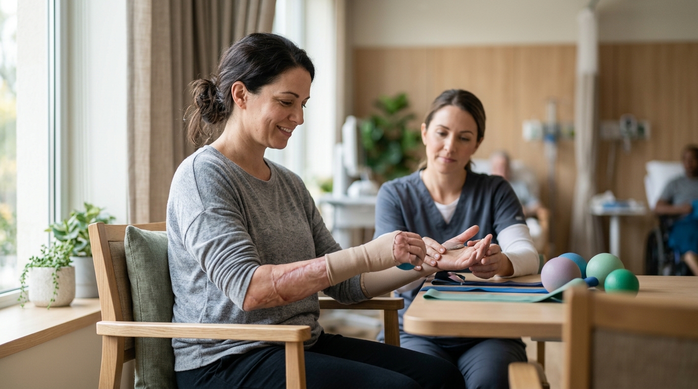Burn-injury survivor in a rehabilitation setting, treated with dignity.