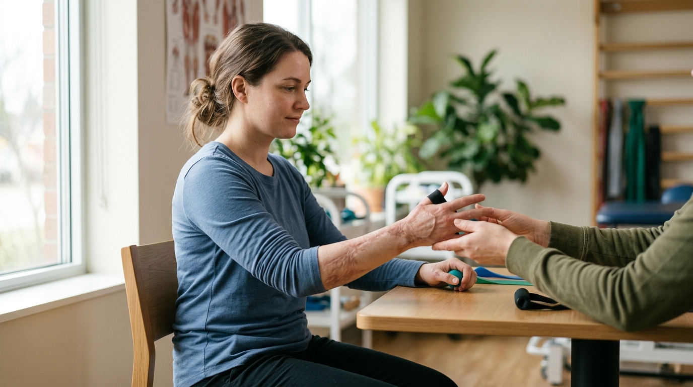 Burn injury survivor receiving care in a calm rehabilitation setting.