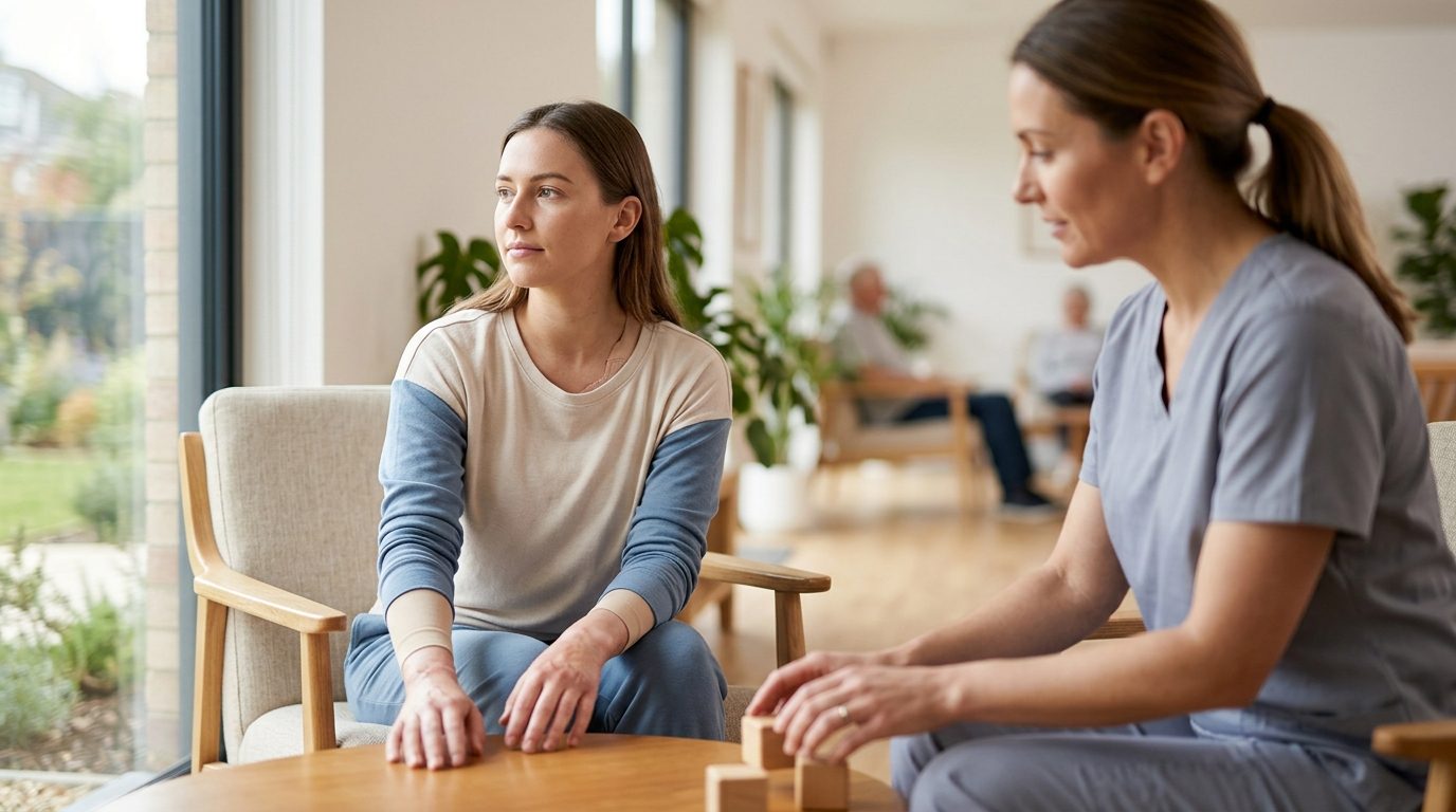 Burn injury survivor receiving care in a rehabilitation facility.