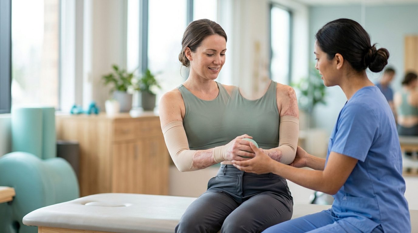 Burn injury survivor receiving care in a rehabilitation facility.