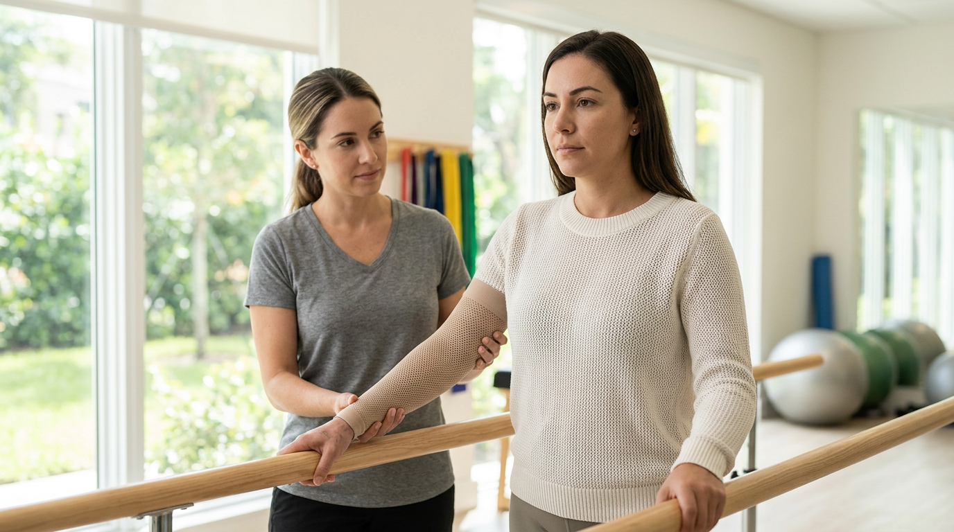 Burn injury survivor receiving compassionate care in a calm rehabilitation setting.