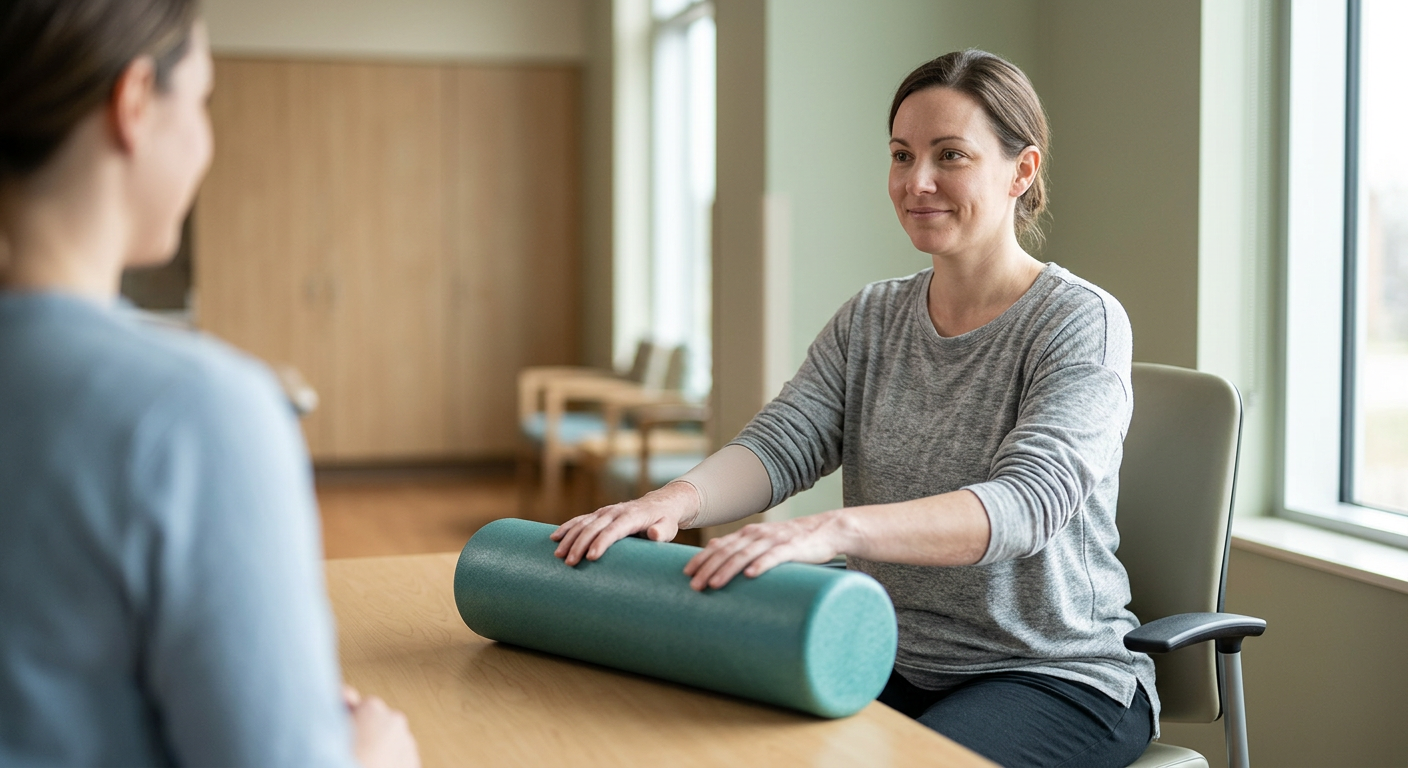 Burn injury survivor receiving dignified care in a calm rehabilitation setting.