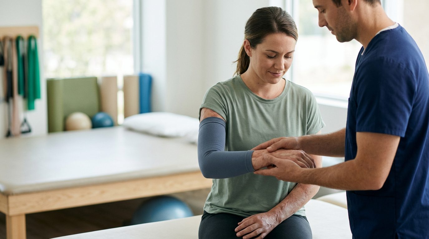 Burn injury survivor receiving rehabilitation treatment in a clinical setting.