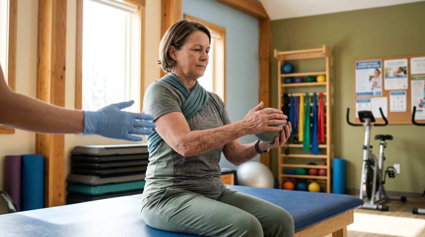 Burn injury survivor receiving rehabilitation treatment in a calm clinical setting.
