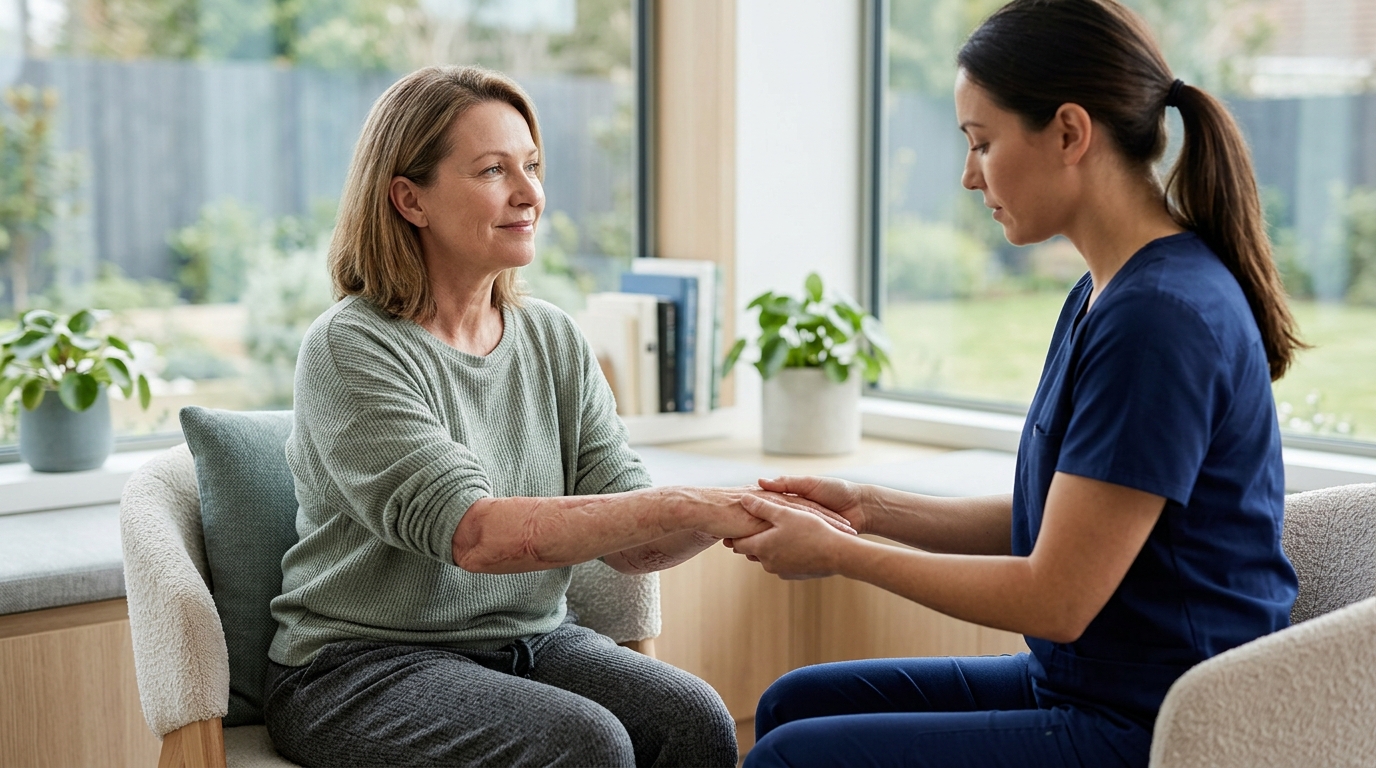 Burn-injury survivor receiving supportive care in a calm rehabilitation setting.