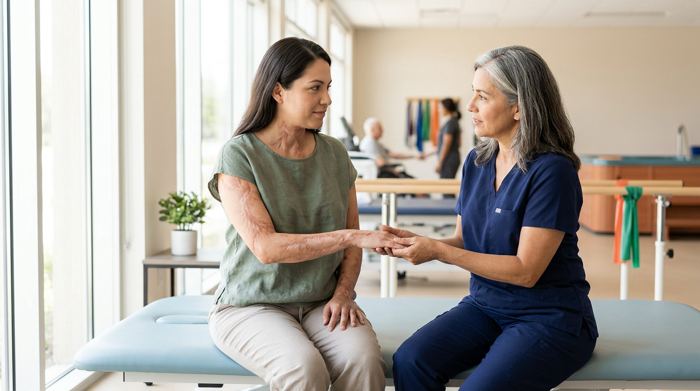 Burn injury survivor receiving supportive care in a calm rehabilitation setting.
