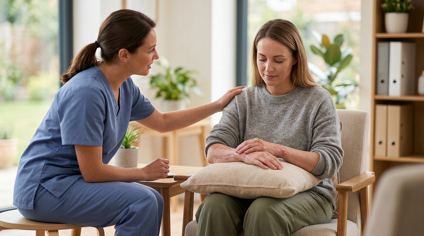 Burn-injury survivor seated calmly in a rehabilitation setting during recovery.