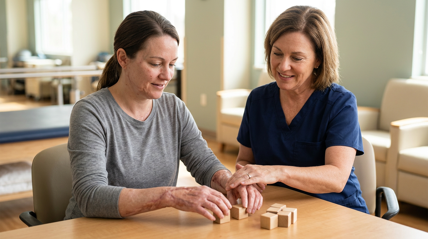 Burn-injury survivor seated calmly in a rehabilitation setting, treated with dignity.