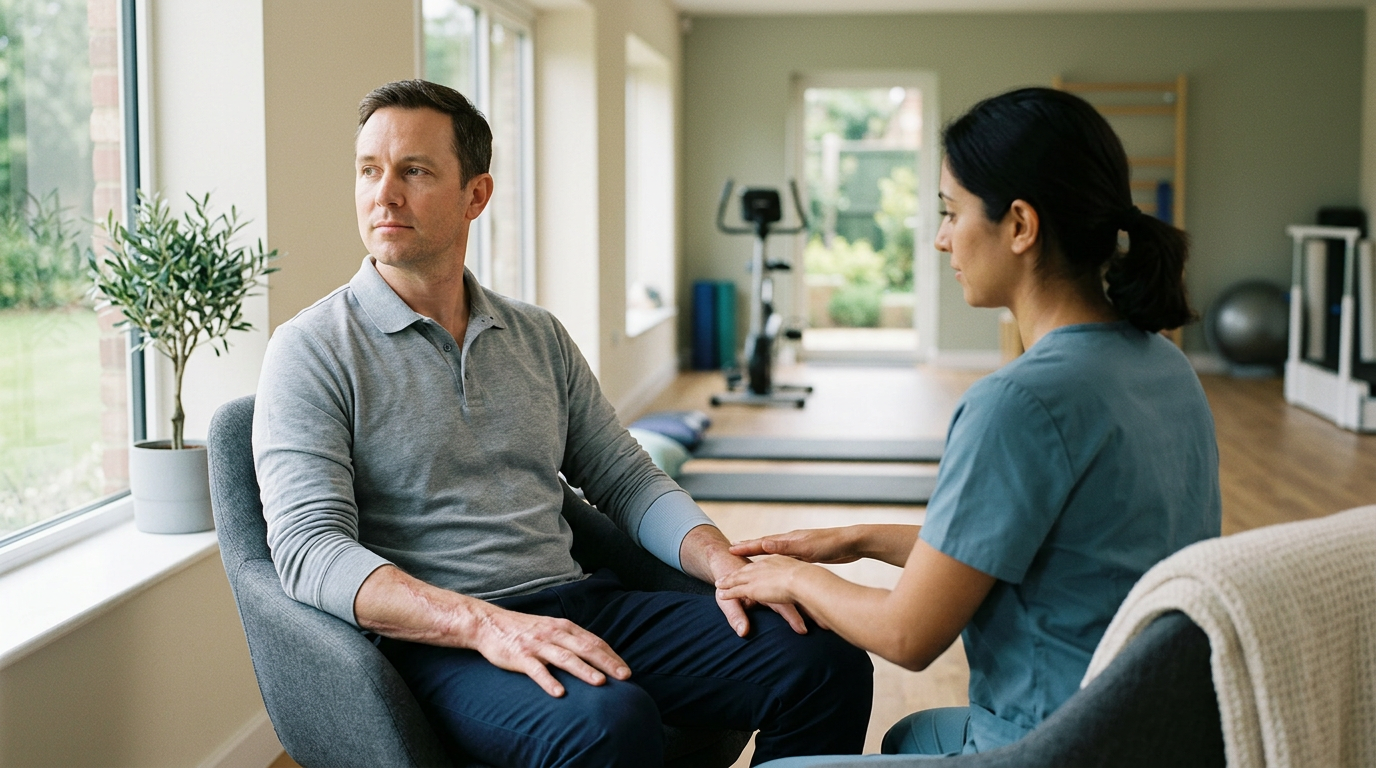 Burn-injury survivor seated in a calm rehabilitation setting, treated with dignity.