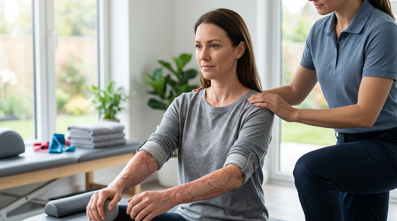 Burn-injury survivor sitting calmly in a rehabilitation setting, treated with dignity during recovery.