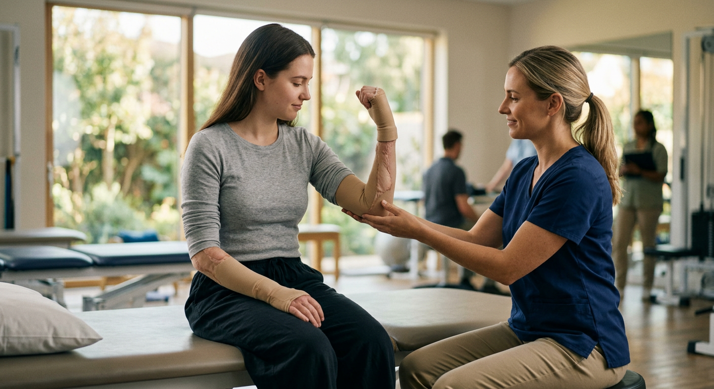 Burn-injury survivor sitting calmly in a rehabilitation setting.