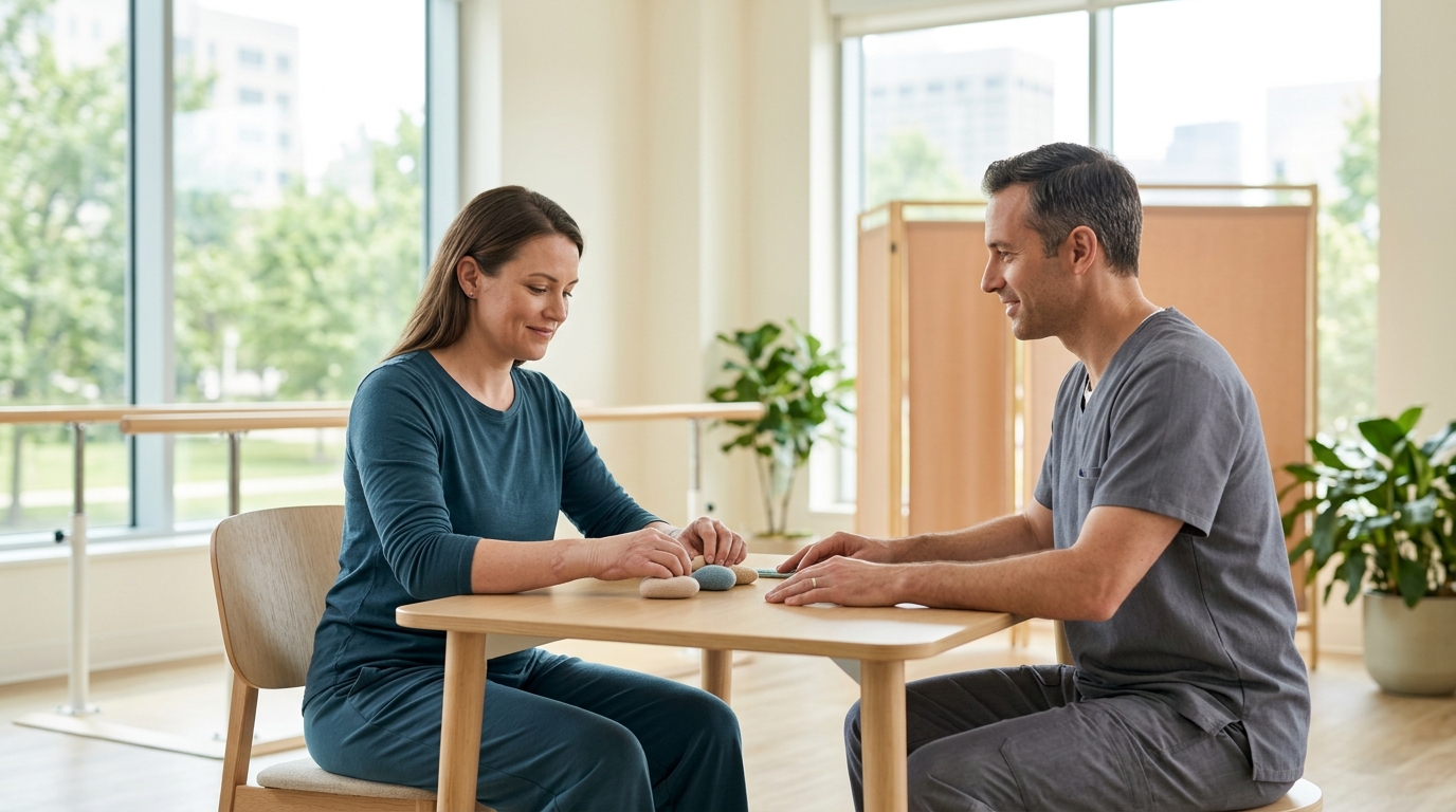 Burn injury survivor undergoing rehabilitation in a calm clinical setting.