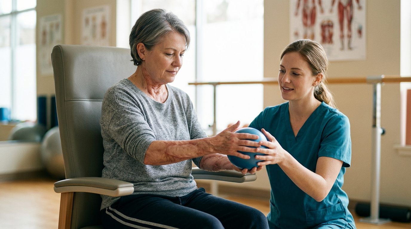 Burn-injury survivor undergoing rehabilitation in a calm clinical setting.