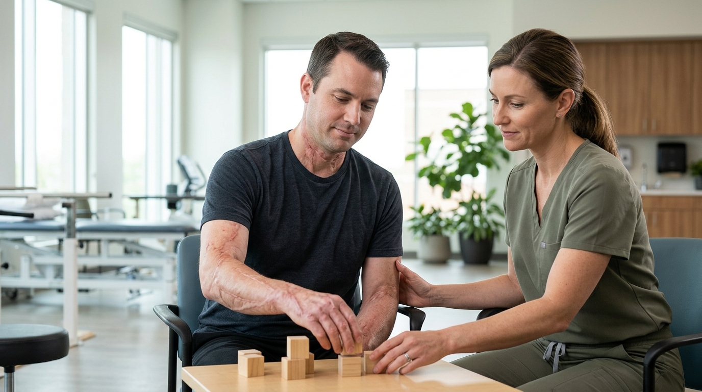 Burn injury survivor undergoing rehabilitation therapy in a calm, supportive clinical setting.
