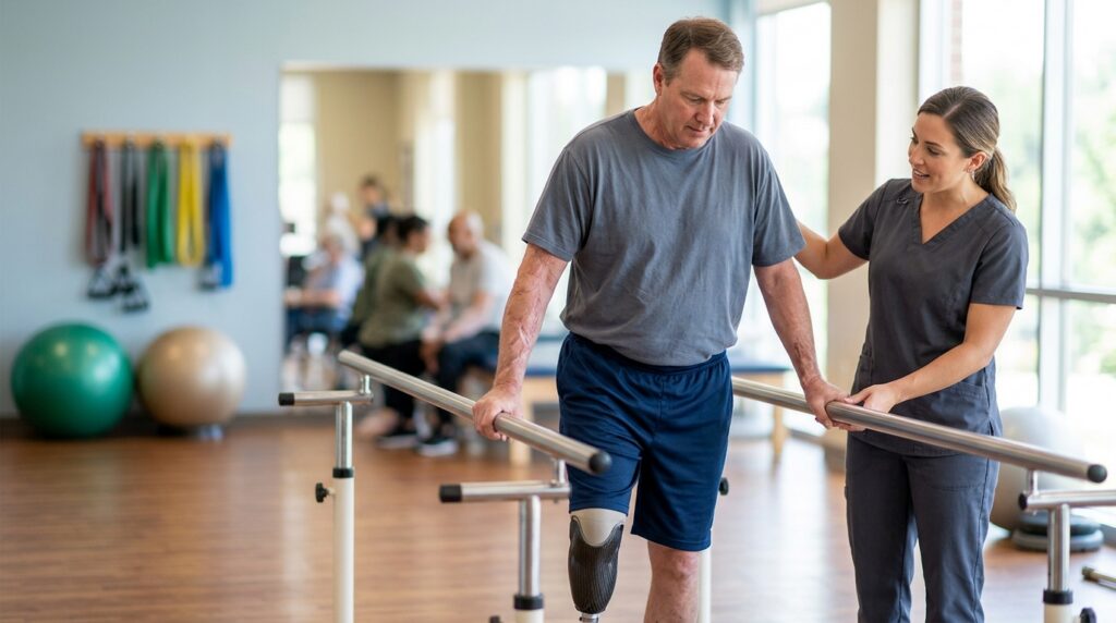 Burn-injury survivor with a prosthetic limb during a rehabilitation session in a calm clinical setting.