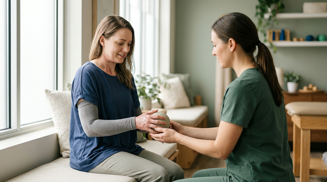 Burn-injury survivor with visible scarring during rehabilitation, shown with dignity in a calm clinical setting.