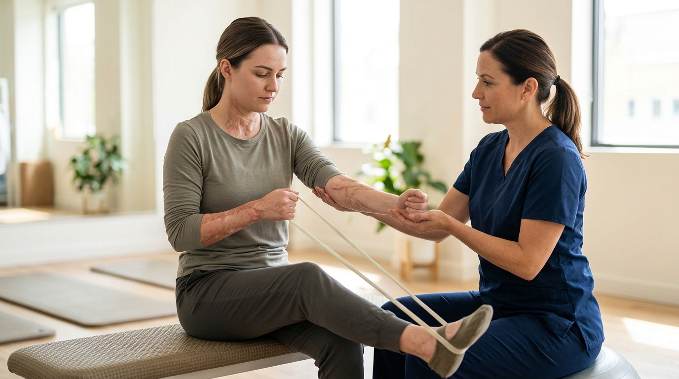 Burn-injury survivor with visible scarring in a calm rehabilitation setting, treated with dignity.