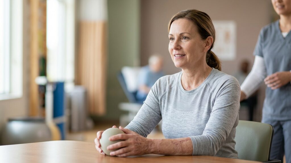 Burn-injury survivor with visible scarring resting calmly in a rehabilitation setting.