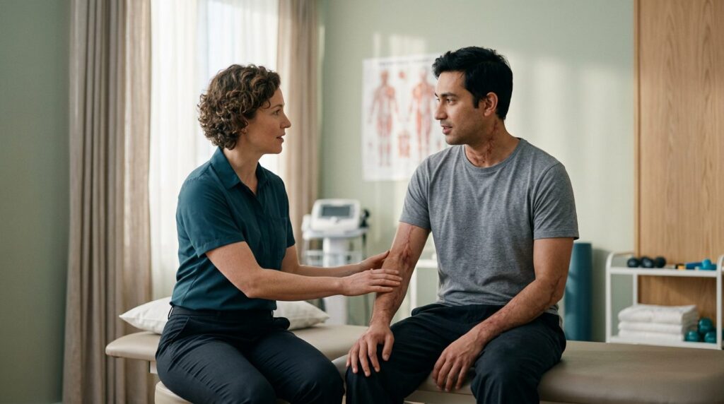 Burn patient consulting with rehabilitation clinician in treatment room.