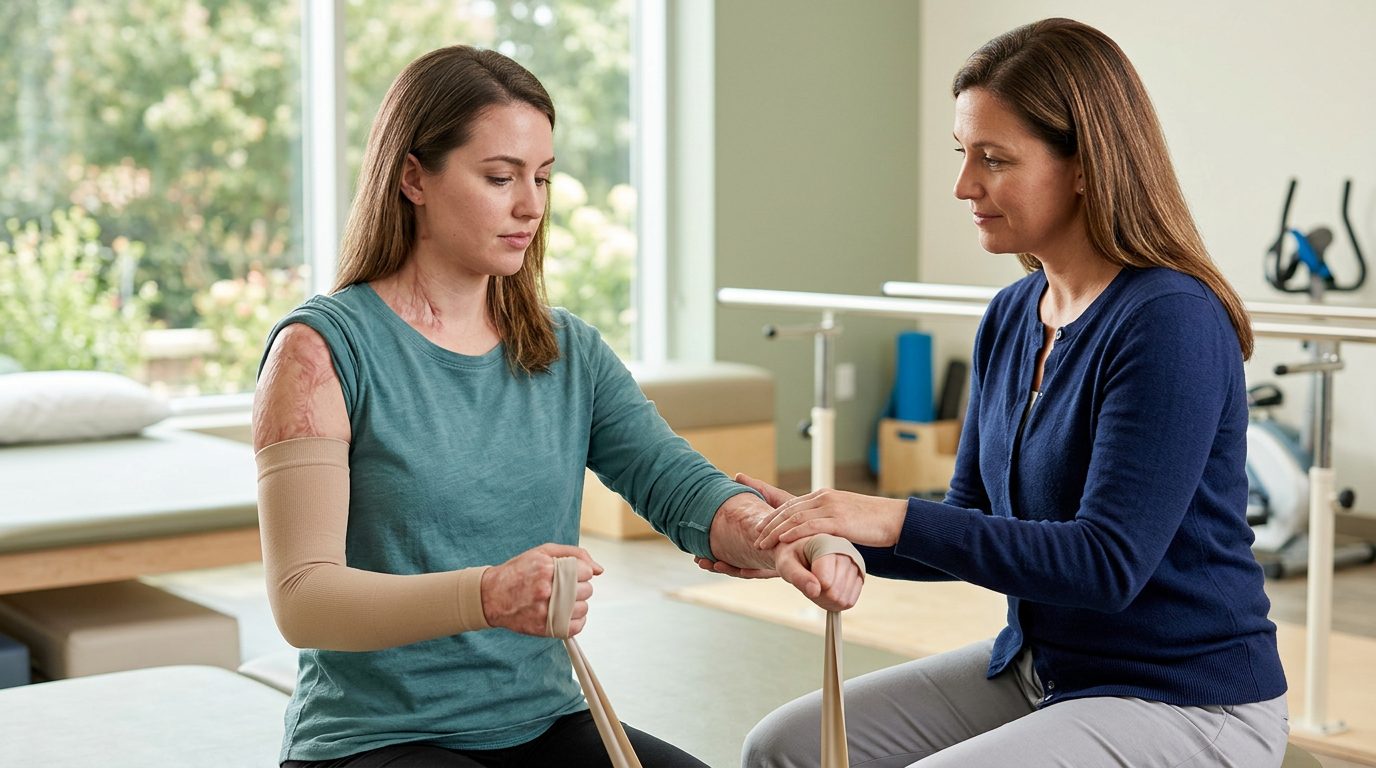 Burn survivor receiving care in a rehabilitation therapy session.