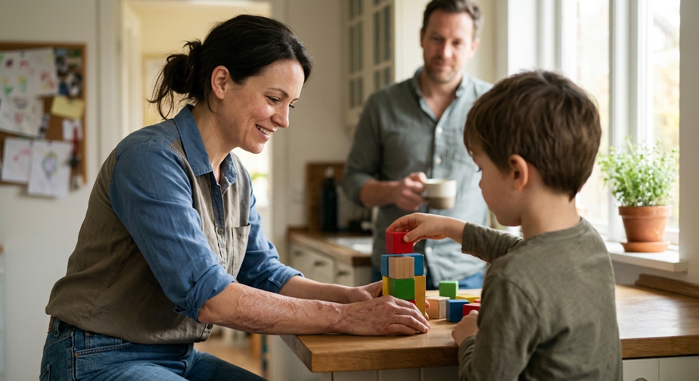 Burn survivor rejoining an everyday family routine during recovery.