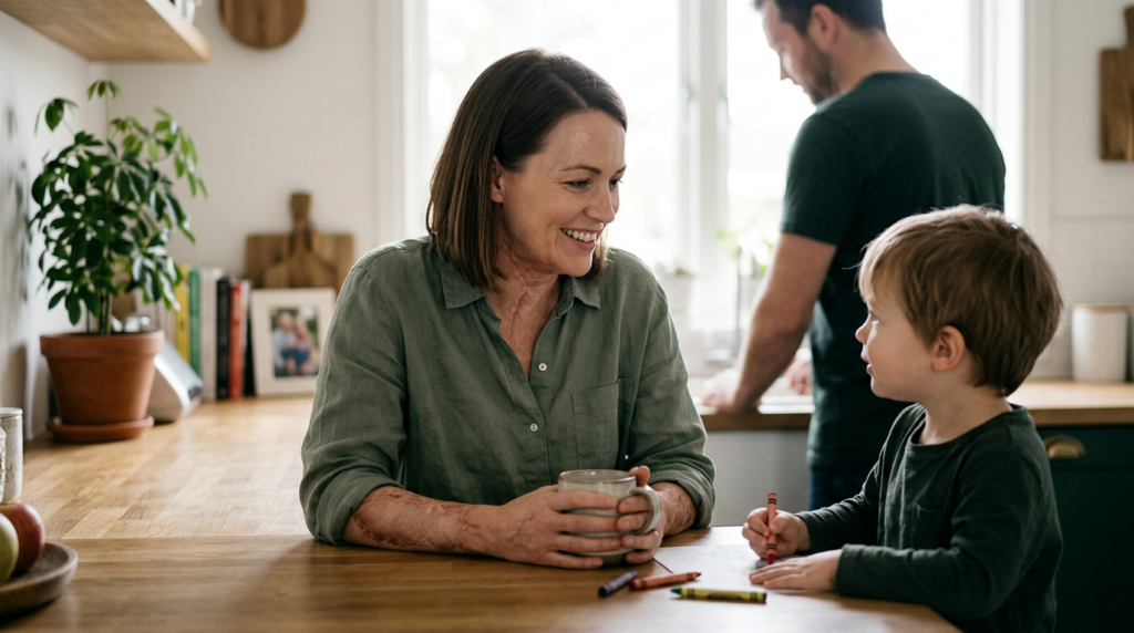 Burn survivor rejoining daily family life during recovery after a severe burn injury.