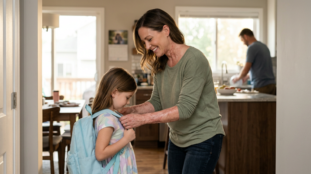 Burn survivor returning to an everyday family routine after injury recovery.
