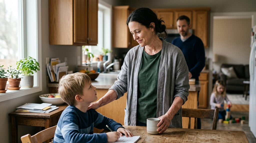 Burn survivor sharing a family meal at home during injury recovery.
