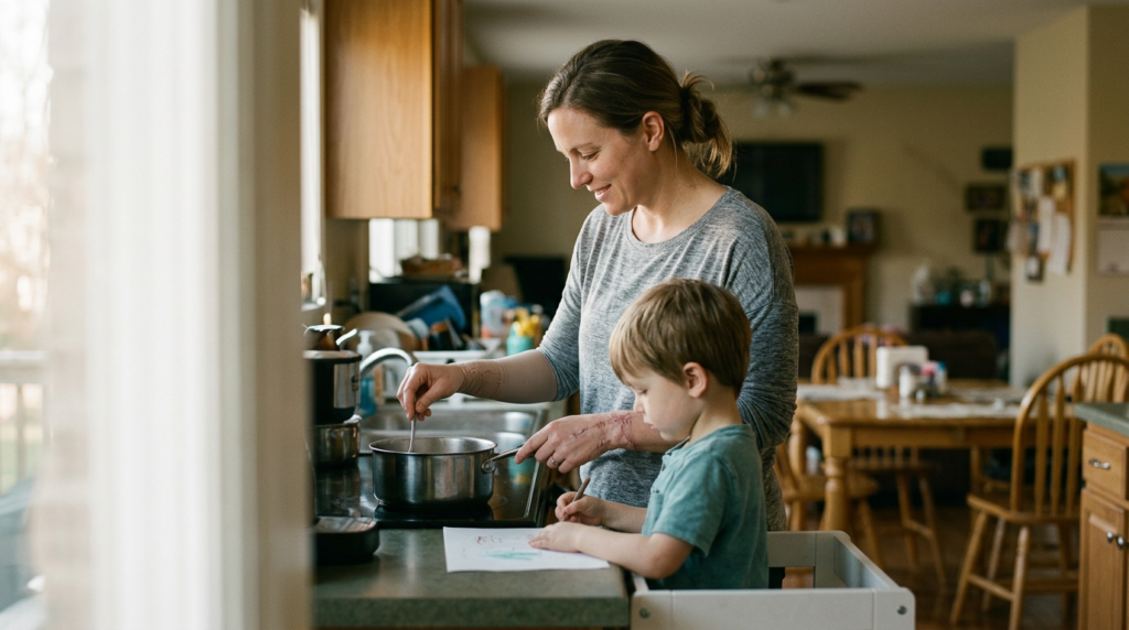 Burn survivor sharing a meal with family at home during injury recovery.