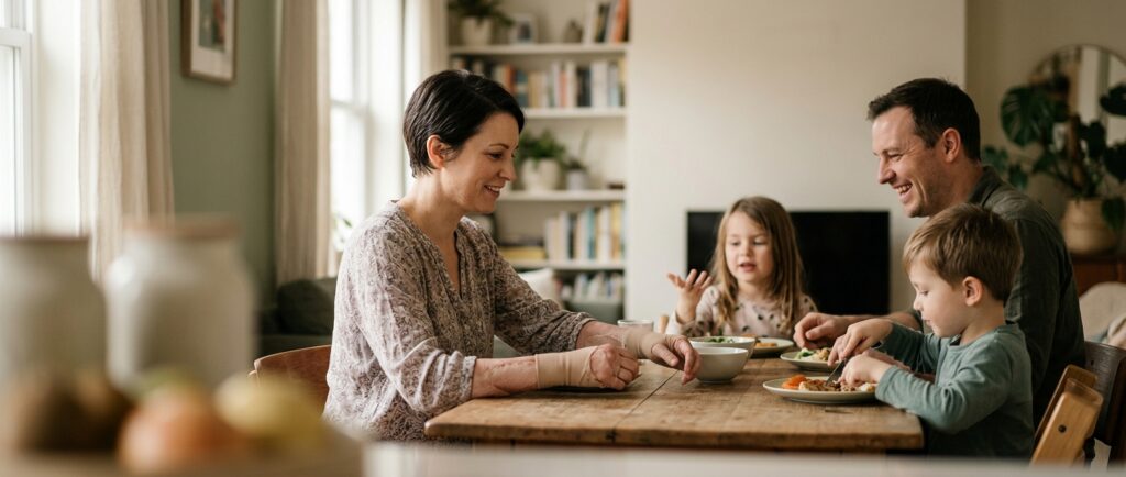 Burn survivor sharing a meal with family at home during injury recovery.