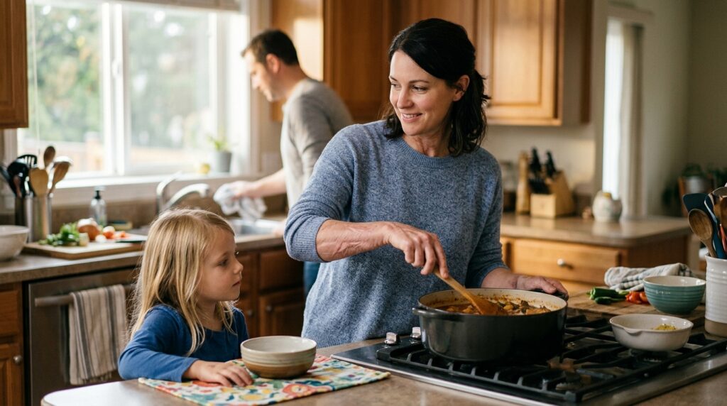Burn survivor sharing a meal with family during everyday routine after injury recovery.