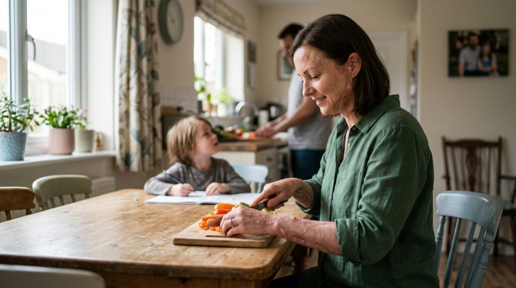 Burn survivor sharing a meal with family, returning to everyday routine during injury recovery.