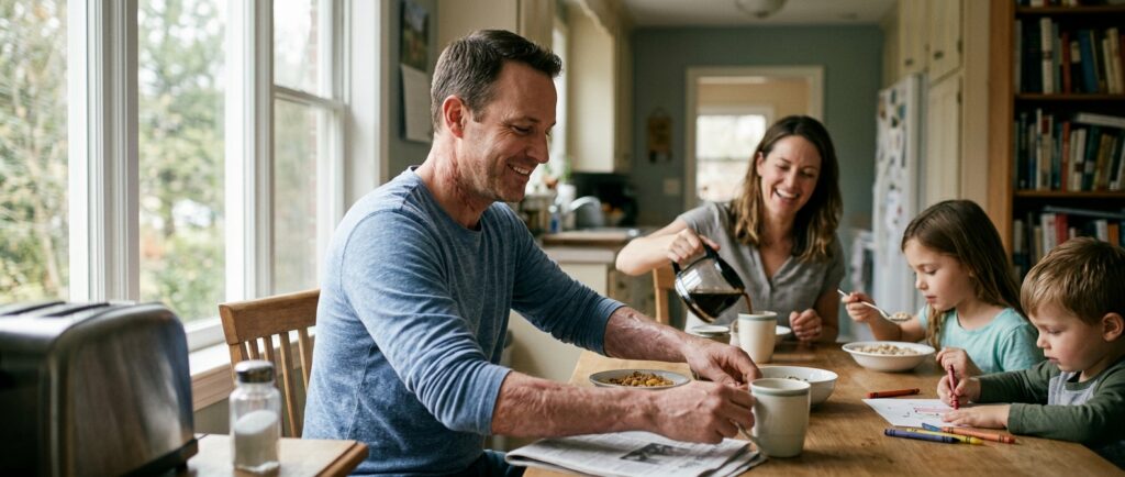 Burn survivor sharing an everyday moment with family during injury recovery at home.