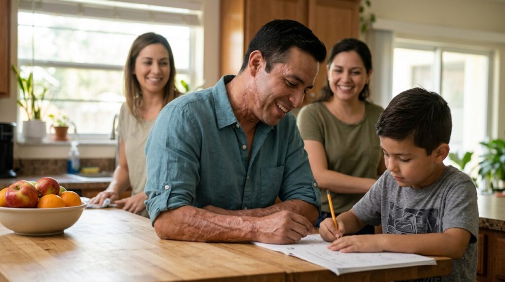 Burn survivor sharing an everyday moment with family during injury recovery at home.