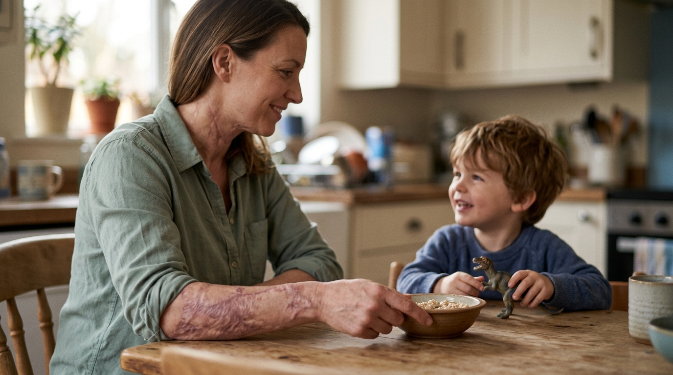 Burn survivor sharing an everyday moment with family during injury recovery.
