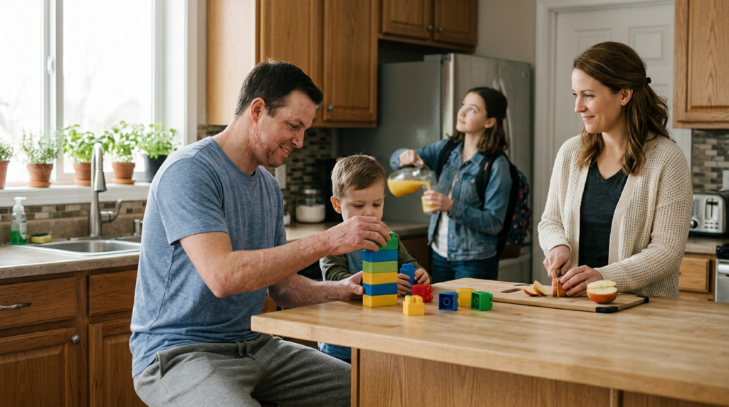 Burn survivor sitting with family during an everyday routine during injury recovery.