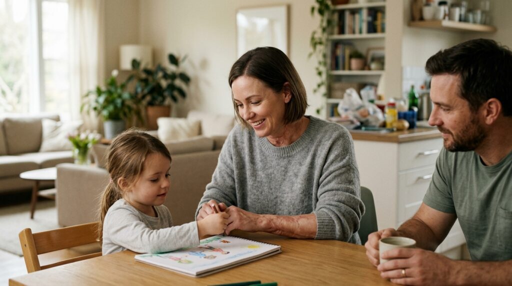 Burn survivor sitting with family members during an everyday moment at home after injury recovery.