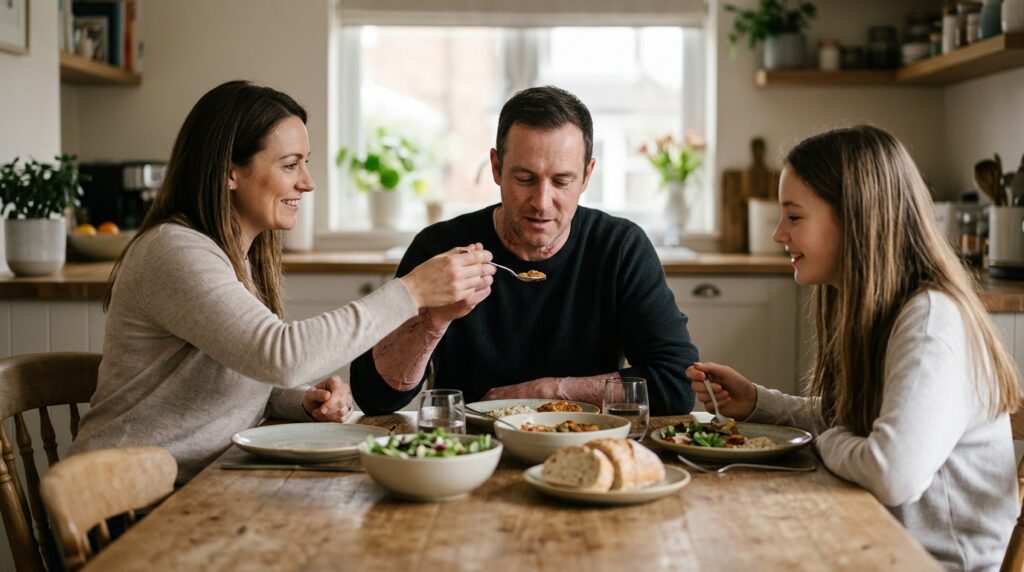 Burn survivor sitting with family members during an everyday routine at home during recovery.