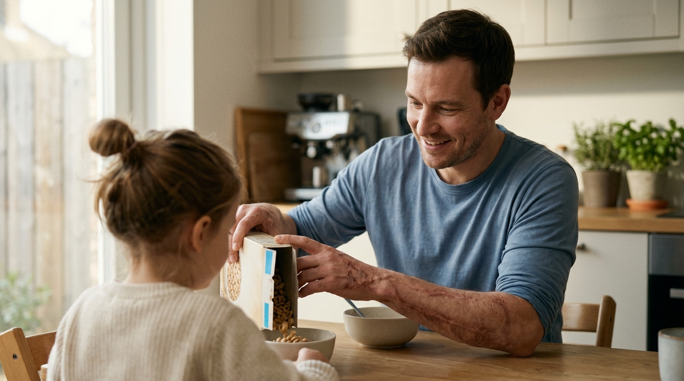 Burn survivor with visible scars sharing a meal with family at home during injury recovery.