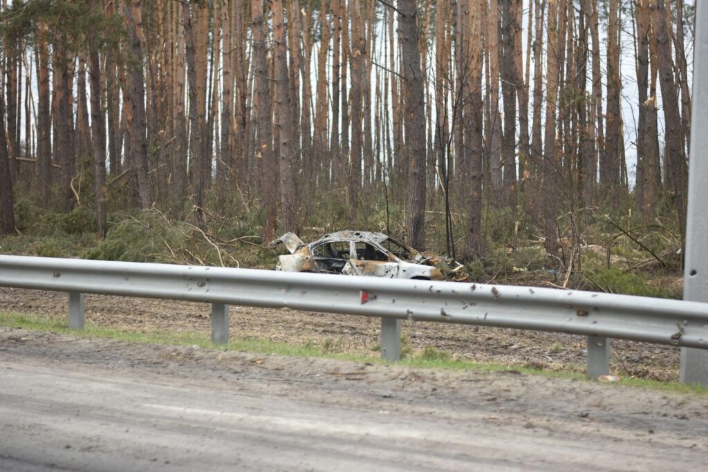Burnt-out vehicle wreckage beside a forest road behind a metal barrier.