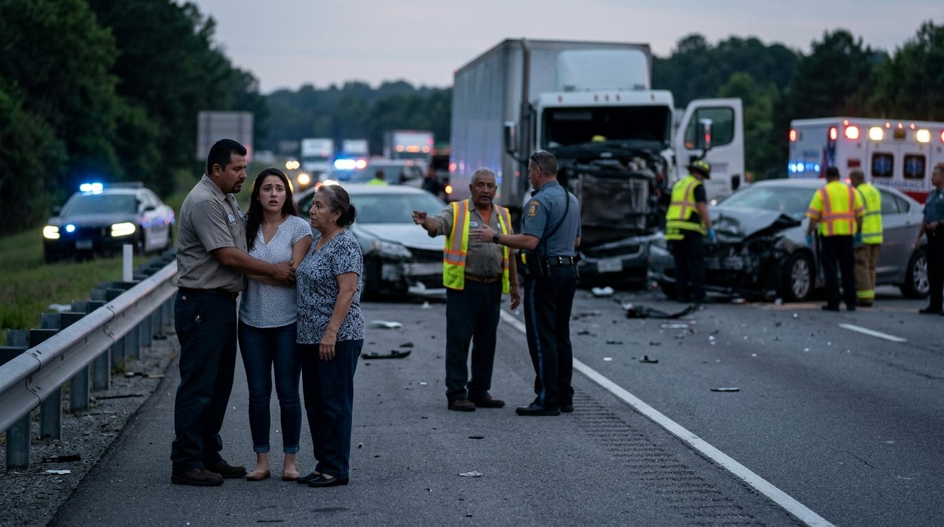 Camión comercial accidentado en carretera al atardecer con personas cerca del lugar.