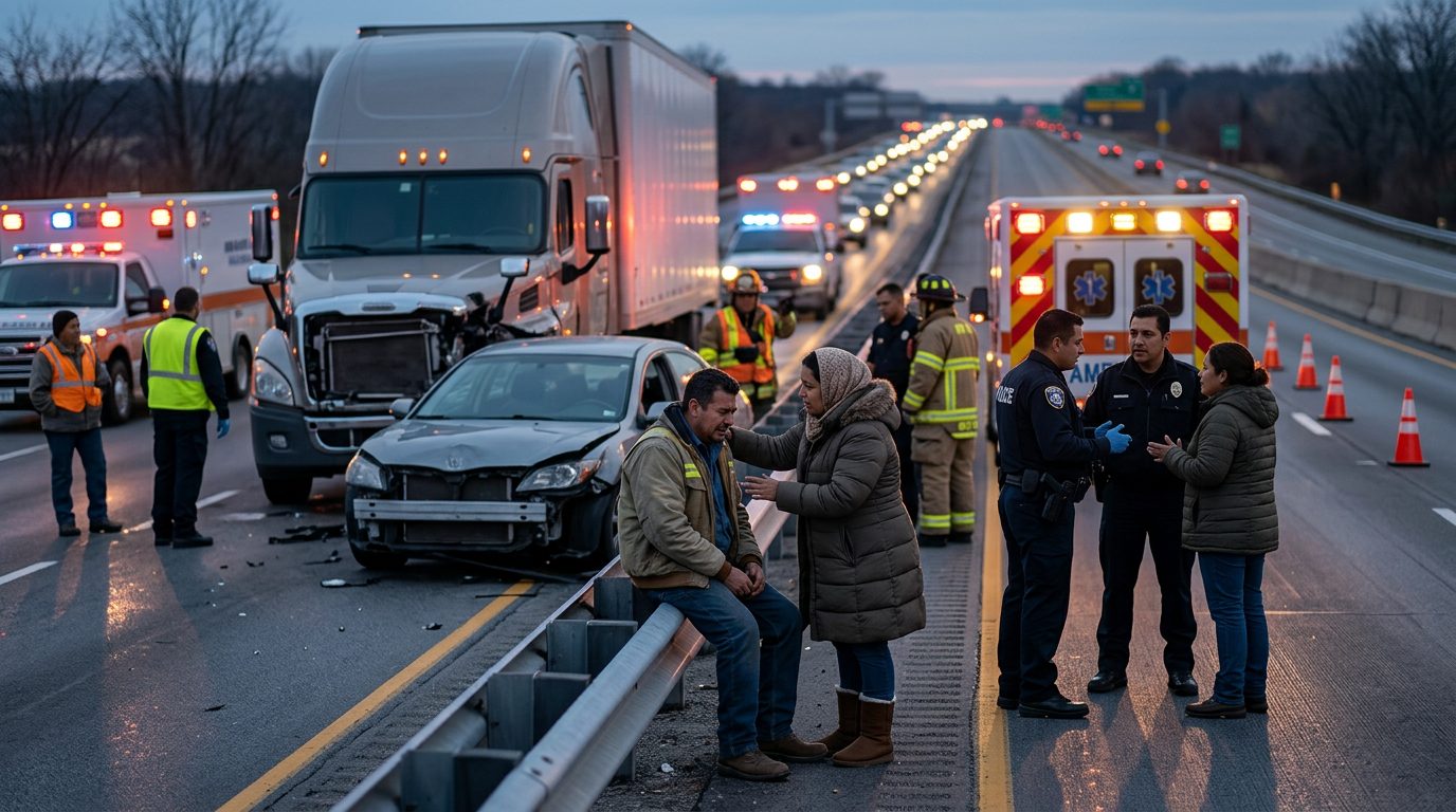 Camión comercial accidentado en carretera con personas cerca del sitio.