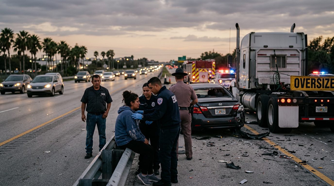 Camión comercial accidentado en carretera de Florida al atardecer.