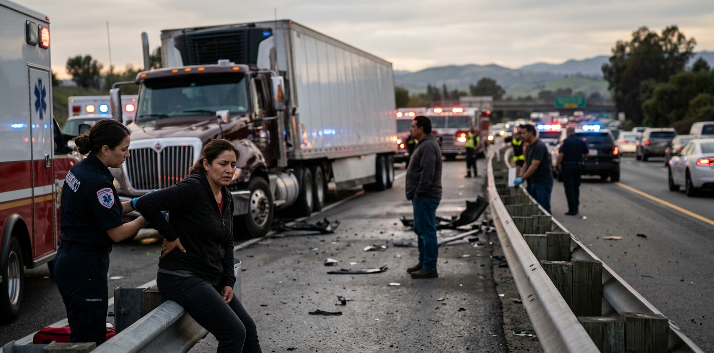 Camión comercial accidentado en una autopista al atardecer tras una colisión grave.