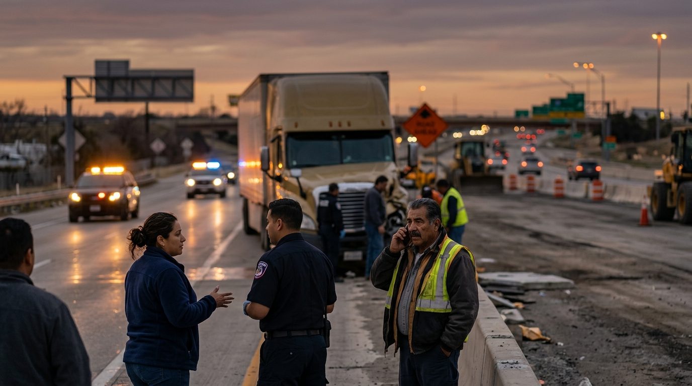 Camión comercial colisionado en carretera al atardecer con personas en zona de construcción.