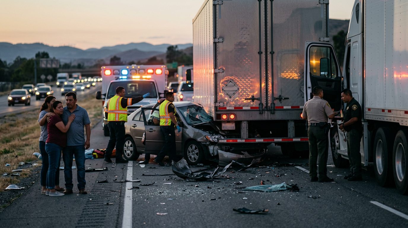 Camión comercial dañado tras colisión en autopista al atardecer.