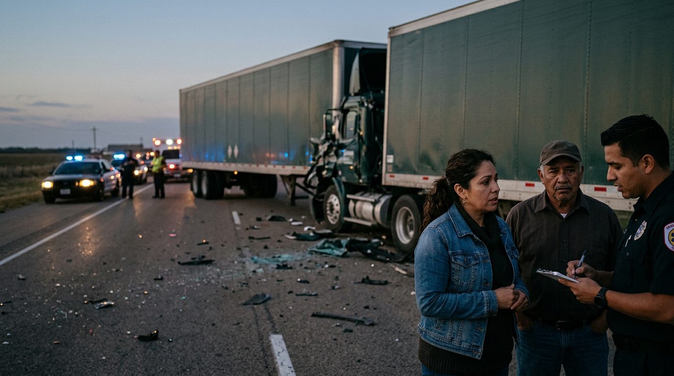 Camión comercial dañado tras colisión en carretera al atardecer.
