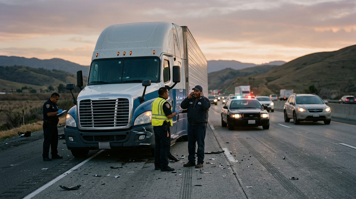 Camión comercial dañado tras colisión en carretera al atardecer.