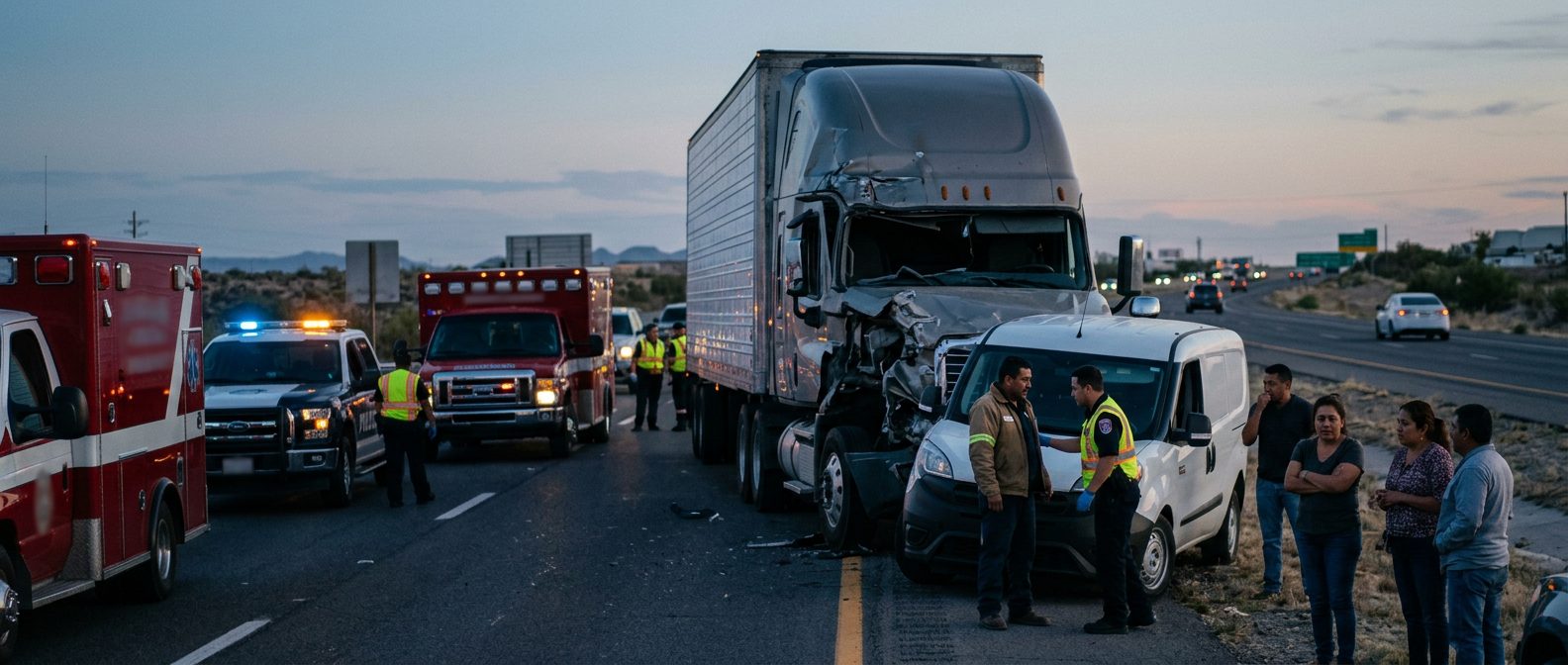 Camión comercial dañado tras colisión en carretera al atardecer.